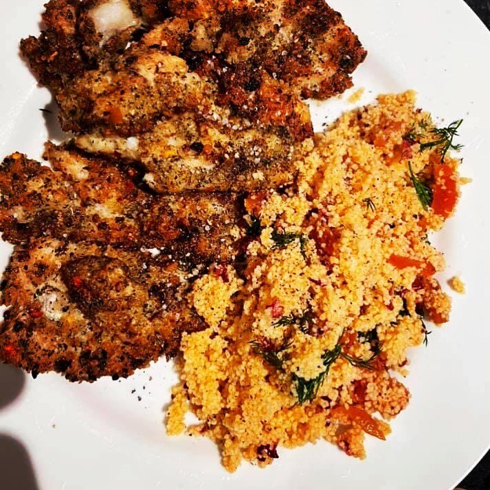 #tuesdayinspiration #call4fish Resident Chef Cllr Tudor rustled up these crispy Moroccan-flavoured breaded Whiting fillets to give you some #inspiration in the kitchen tonight. Served with couscous, with dried apricots and rose petals from a gin flavouring kit! #tasty #fish #homedelivery #cheflife #dinner #fishsupper